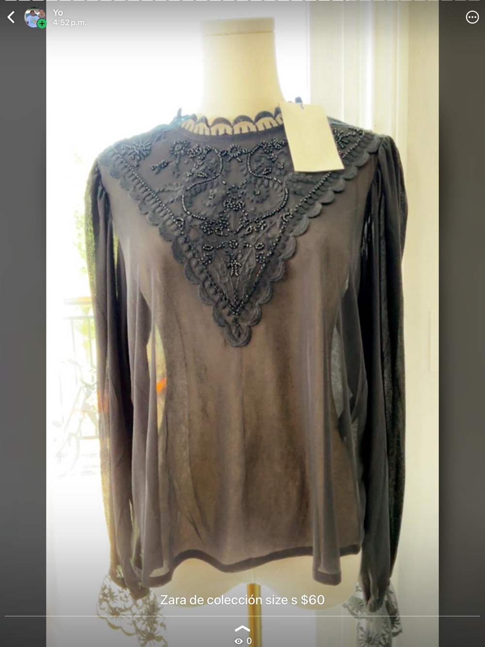 Zara Black Beaded Lace Yoke Sheer Long-Sleeve Blouse